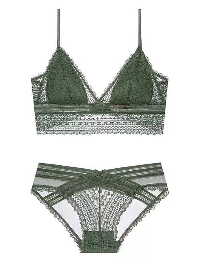 Comfy Solid Color Thin Cup Lace No Steel Ring Bras Panty Set Green Size M 