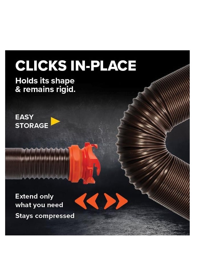 Camco - طقم خراطيم الصرف الصحي RhinoFLEX بطول 15 قدمًا من Camco — يتضمن محول 4 في 1، ومرفق شفاف، وأغطية — يتصل بوصلات الصرف الصحي الملولبة NPT مقاس 3 بوصات و3 بوصات و3 1/2 بوصة و4 بوصات (39770) - Image 1