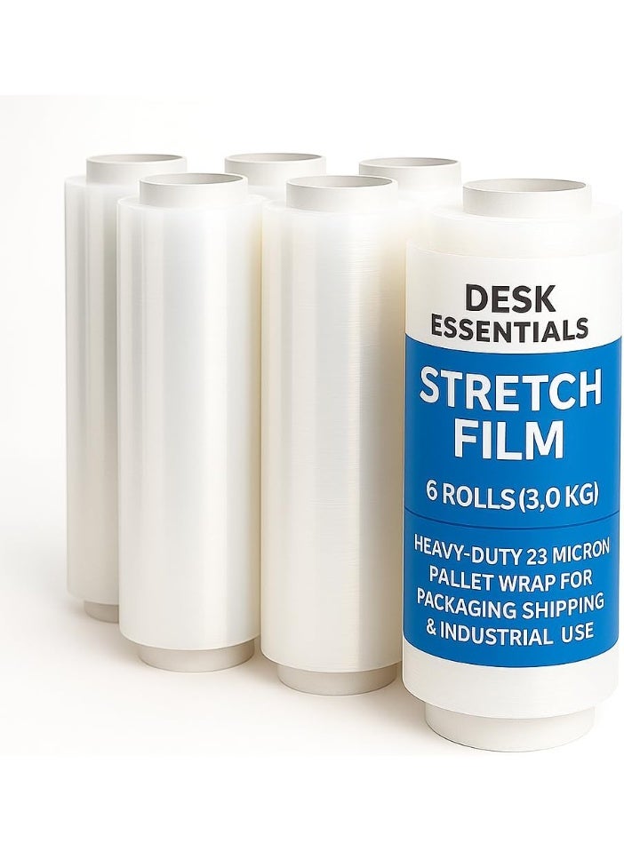 Aoura Grp DESK ESSENTIALS Stretch Film – 6 Rolls (3.0 kg) | Heavy-Duty 23 Micron Pallet Wrap for Packaging, Shipping & Industrial Use - Image 1