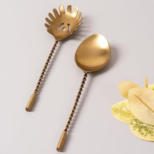 Nestroots Golden Finish Spoon & Fork Cutlery Set | Elegant Crown Design Stainless Steel Salad Server | Tableware for Home, Hotel, Restaurant & Gifting | Rust Resistant & Durable Finish - Image 1