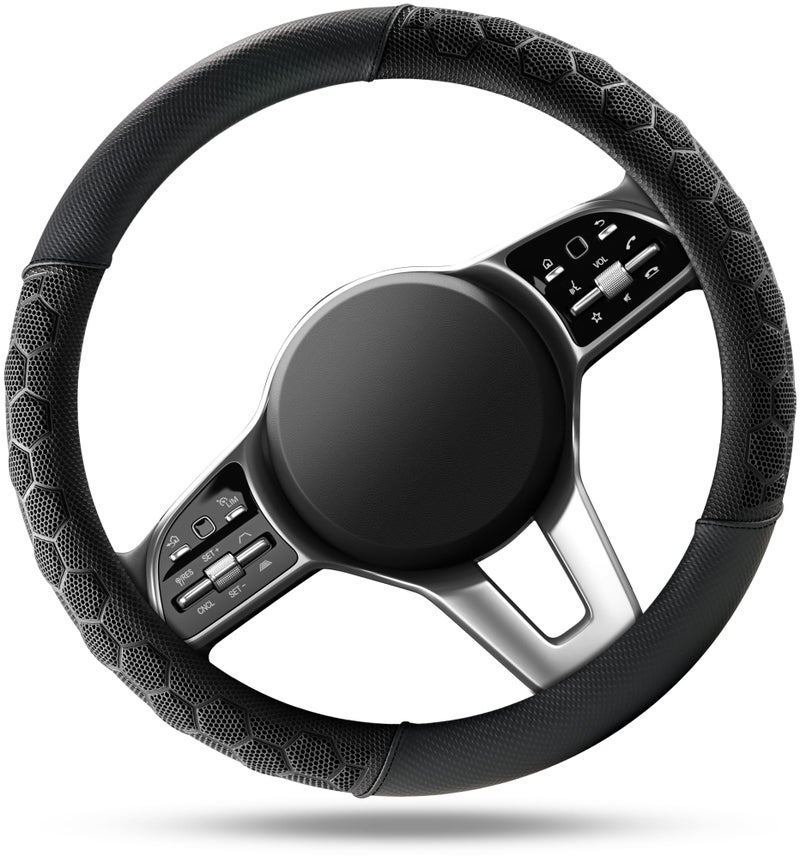 PIC AUTO Massage Steering Wheel Cover, Black Football Pattern Material Spliced Leather Car Steering Wheel Protector, Car Interior Accessories, Universal Fit 14.5"-15.5" for Cars, Trucks, Van, SUV - Image 2