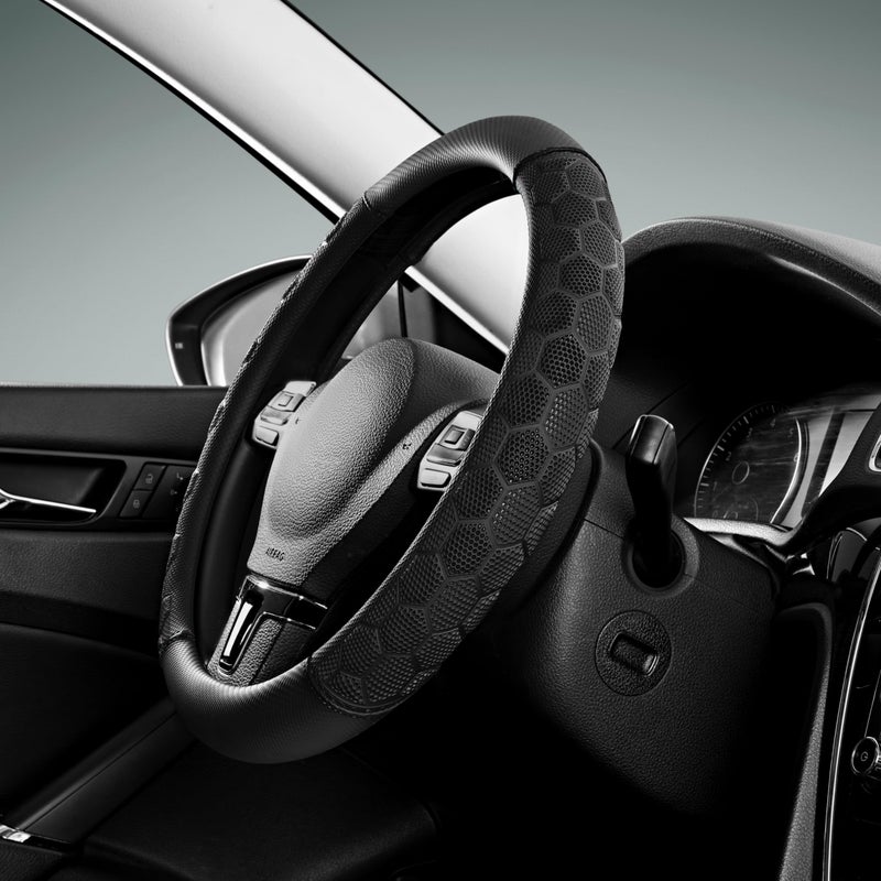 PIC AUTO Massage Steering Wheel Cover, Black Football Pattern Material Spliced Leather Car Steering Wheel Protector, Car Interior Accessories, Universal Fit 14.5"-15.5" for Cars, Trucks, Van, SUV - Image 1