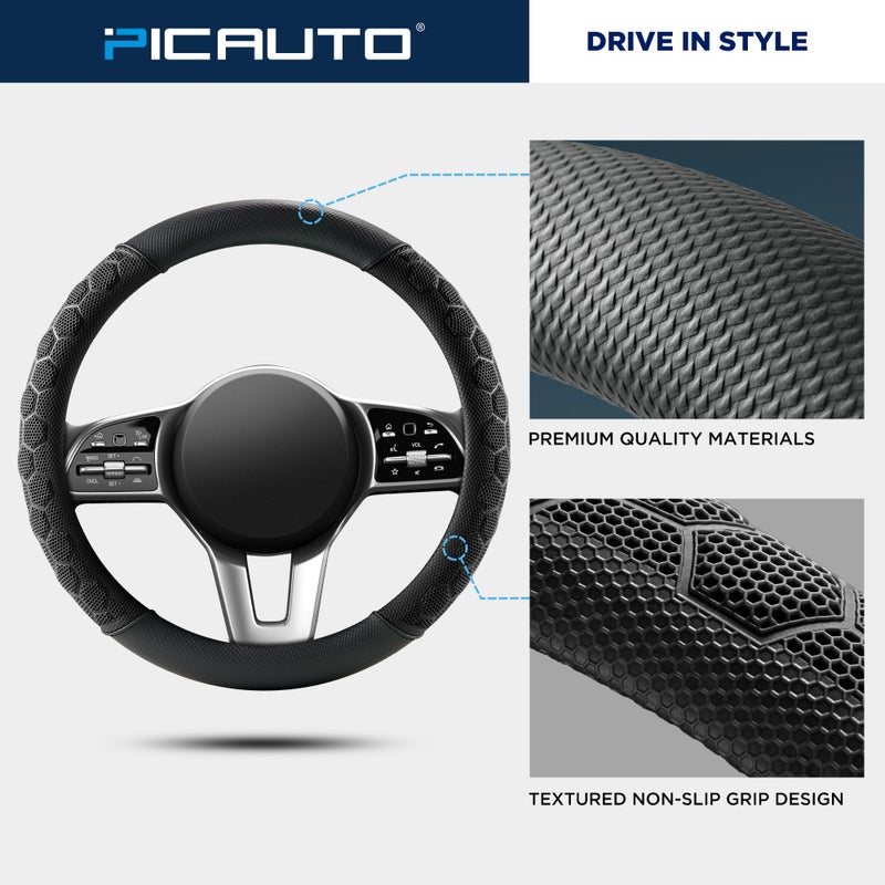 PIC AUTO Massage Steering Wheel Cover, Black Football Pattern Material Spliced Leather Car Steering Wheel Protector, Car Interior Accessories, Universal Fit 14.5"-15.5" for Cars, Trucks, Van, SUV - Image 4