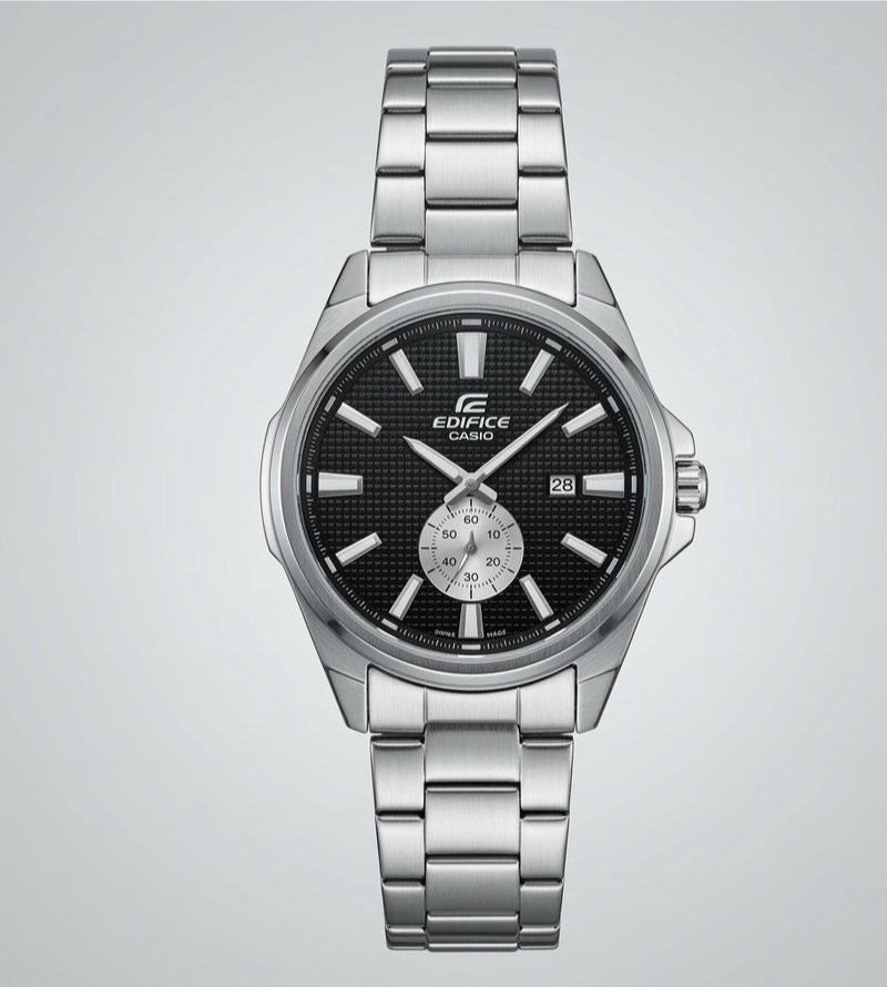 ساعة كاسيو إديفيس رجالية بميناء أسود بعقارب وسوار فضي من الستانلس ستيل مع عرض للتاريخ – ساعة كلاسيكية أنيقة