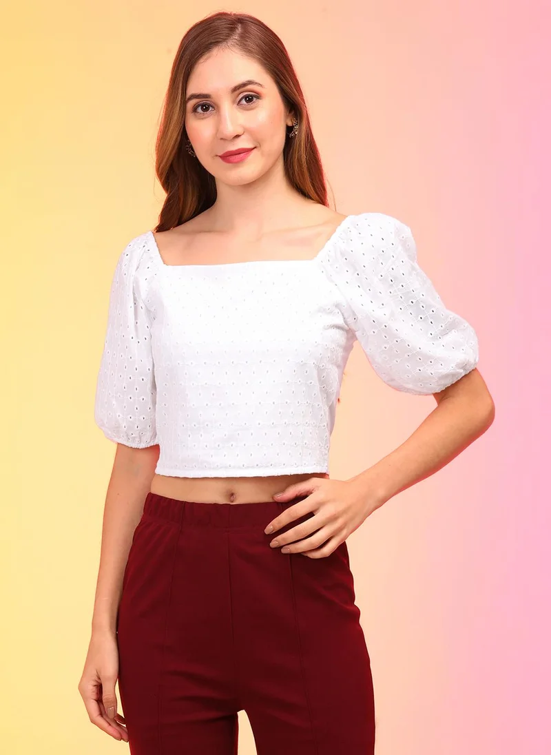 globus Globus Women Puff Sleeve Cotton Schiffli Crop Top