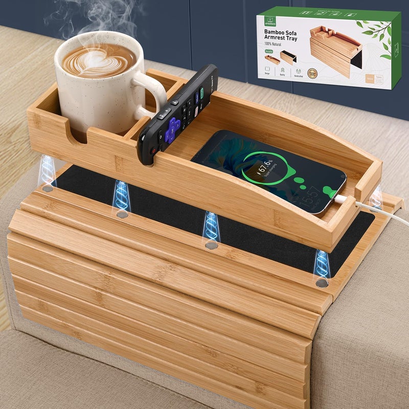 Joy&Grace Couch Cup Holder, 3-in-1 Magnetic Detachable Couch Arm Tray, Bamboo Sofa Armrest Table with Anti-Slip Pad, Sofa Armrest Tray Table (Natural) - Image 1