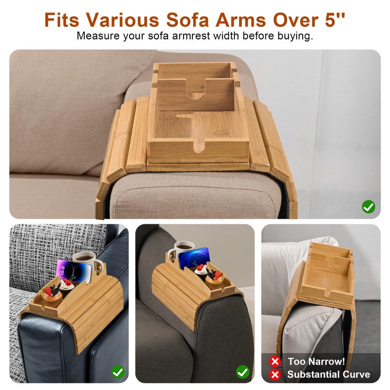 Joy&Grace Couch Cup Holder, 3-in-1 Magnetic Detachable Couch Arm Tray, Bamboo Sofa Armrest Table with Anti-Slip Pad, Sofa Armrest Tray Table (Natural) - Image 4