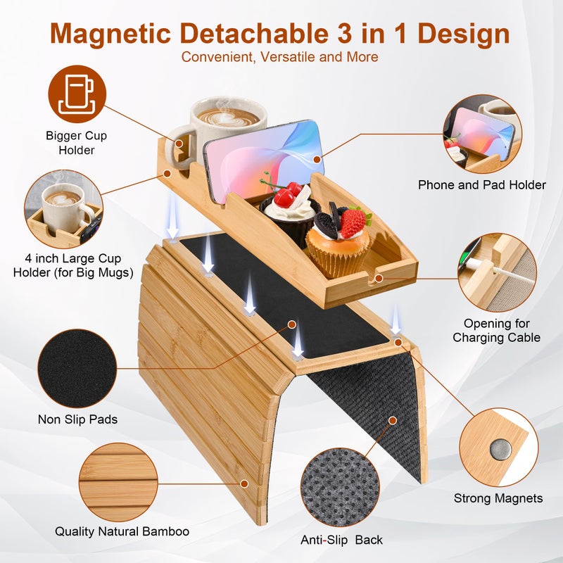 Joy&Grace Couch Cup Holder, 3-in-1 Magnetic Detachable Couch Arm Tray, Bamboo Sofa Armrest Table with Anti-Slip Pad, Sofa Armrest Tray Table (Natural) - Image 5