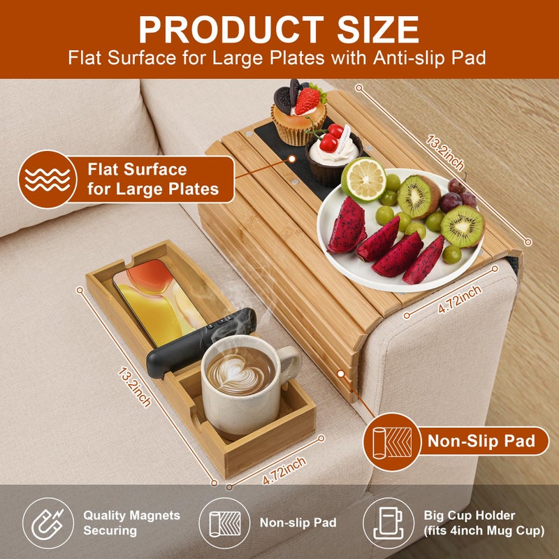 Joy&Grace Couch Cup Holder, 3-in-1 Magnetic Detachable Couch Arm Tray, Bamboo Sofa Armrest Table with Anti-Slip Pad, Sofa Armrest Tray Table (Natural) - Image 2