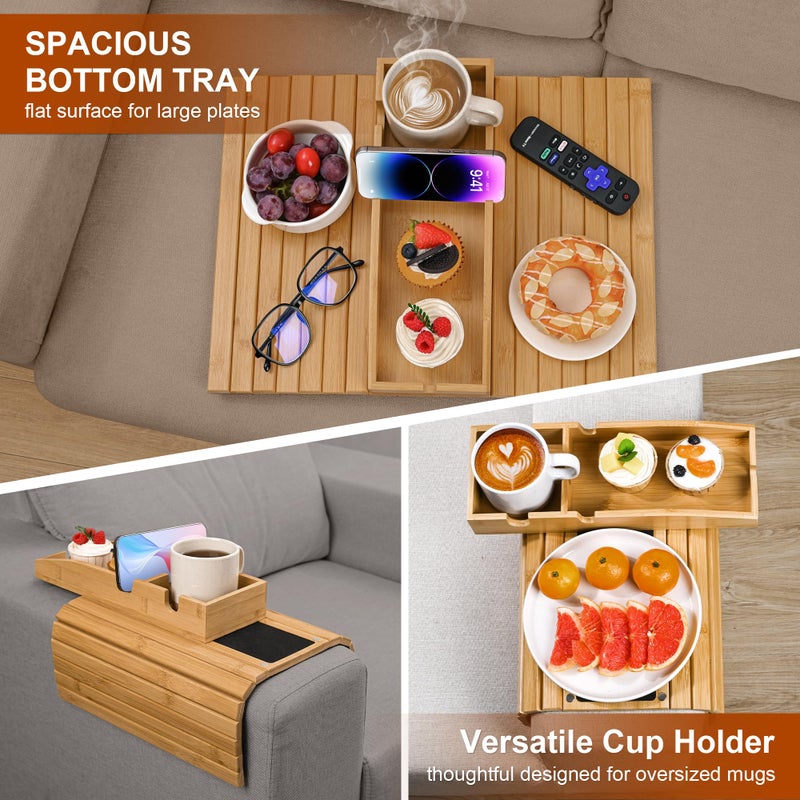 Joy&Grace Couch Cup Holder, 3-in-1 Magnetic Detachable Couch Arm Tray, Bamboo Sofa Armrest Table with Anti-Slip Pad, Sofa Armrest Tray Table (Natural) - Image 3
