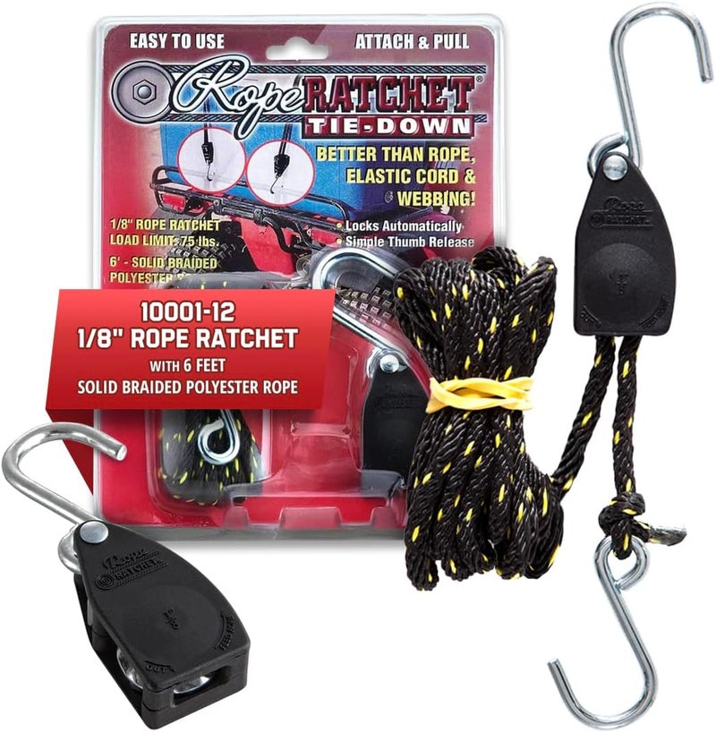 Rope Ratchet 10001-12 1/8" Tie Down Rope with 6' Solid Braided Polyester Rope and 75lb Weight Capacity - Image 1