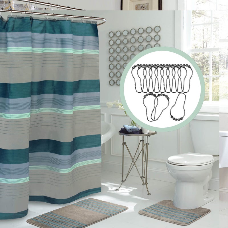 Creative Home Ideas 15Piece Bathroom Shower Curtain Set Set of 1 Shower Curtain 12 Metal Hooks 1 Bath Mat 1 Contour Mat Modern Bathroom Dcor Machine Washable Regent Denim BlueGrey