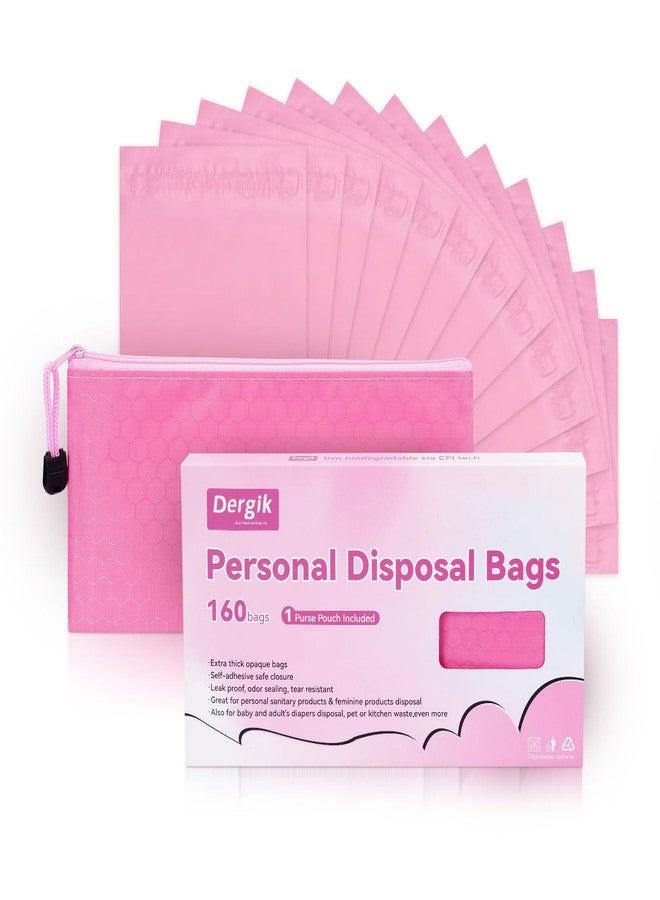 Dergik Diaper Disposable Bags, 160 Pcs Opaque Personal Disposal Bag, Secure Closure, Odor Control,Discreet Disposal for Diapers, Incontinence Pads, Tampons, Sanitary Product,With Purse Pouch, Pink - Image 1
