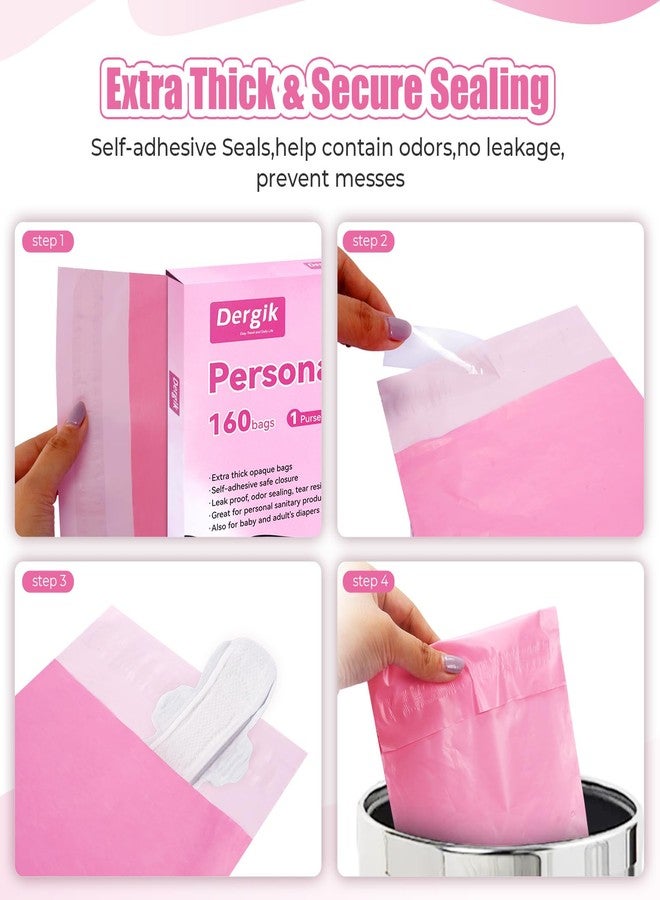 Dergik Diaper Disposable Bags, 160 Pcs Opaque Personal Disposal Bag, Secure Closure, Odor Control,Discreet Disposal for Diapers, Incontinence Pads, Tampons, Sanitary Product,With Purse Pouch, Pink - Image 5