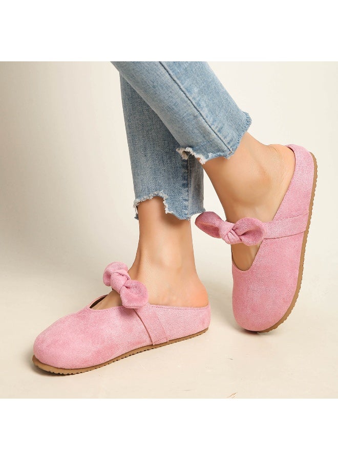 Pink Suede Bow Mules for Women – Comfy Slip-On Flats with Cute Bow Detail, Perfect for Casual, Office & Spring Summer Wear – Soft & Stylish Everyday Shoes - Image 3