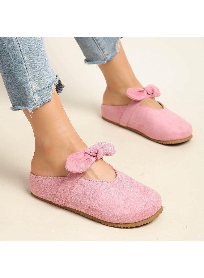 Pink Suede Bow Mules for Women – Comfy Slip-On Flats with Cute Bow Detail, Perfect for Casual, Office & Spring Summer Wear – Soft & Stylish Everyday Shoes - Image 1