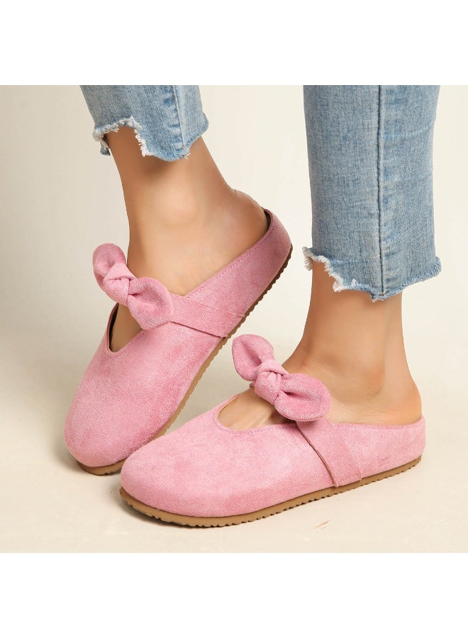 Pink Suede Bow Mules for Women – Comfy Slip-On Flats with Cute Bow Detail, Perfect for Casual, Office & Spring Summer Wear – Soft & Stylish Everyday Shoes - Image 2