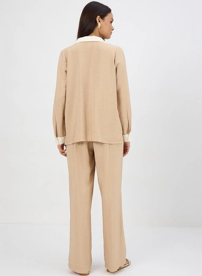 Femmella Women Beige Color Block Top with Trousers Co-Ords