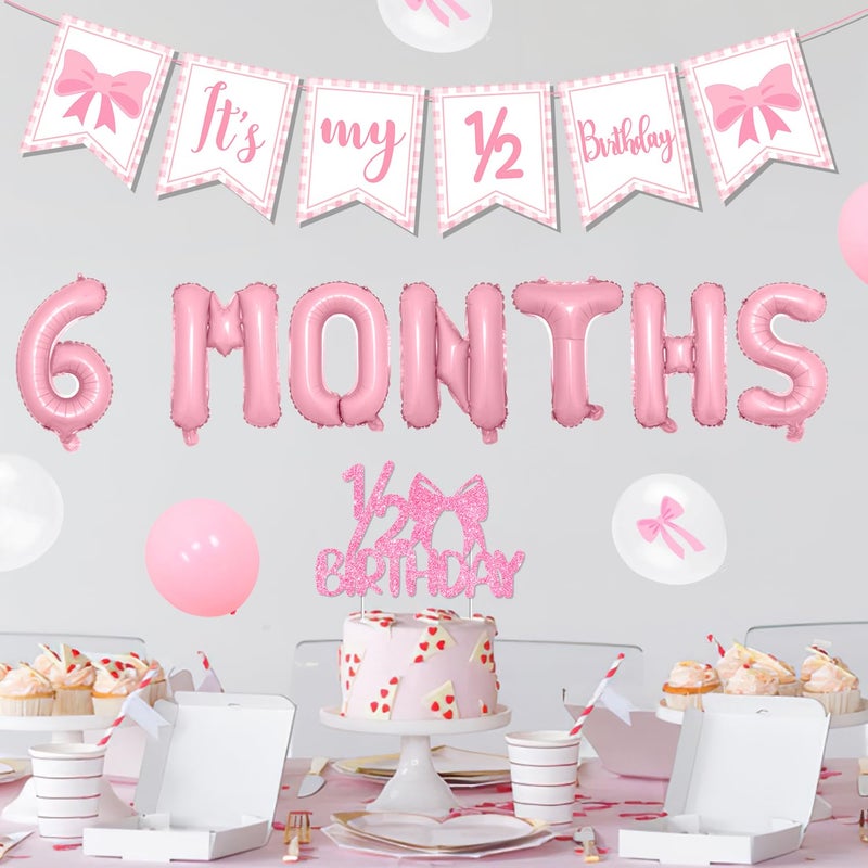 Merrystorm Half Birthday Decorations - Pink Gingham Banner Bow, Balloons, Cake Topper for Girls 6 Month Party Supplies - Image 2
