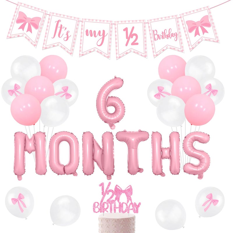 Merrystorm Half Birthday Decorations - Pink Gingham Banner Bow, Balloons, Cake Topper for Girls 6 Month Party Supplies - Image 1