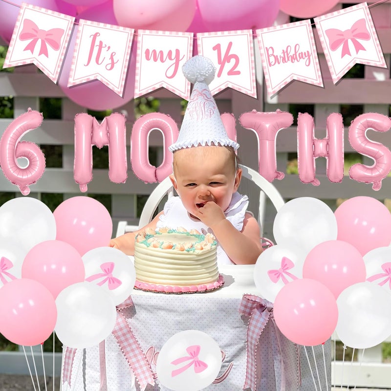 Merrystorm Half Birthday Decorations - Pink Gingham Banner Bow, Balloons, Cake Topper for Girls 6 Month Party Supplies - Image 4