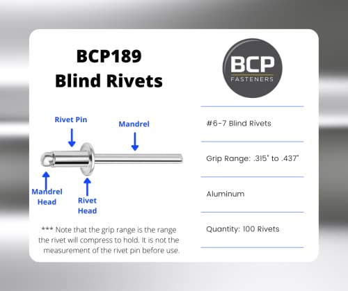 BCP Fasteners 100 Qty Aluminum Blind Rivets (#6-7) 3/16"" Diameter x 7/16"" Grip (BCP189) - Image 2