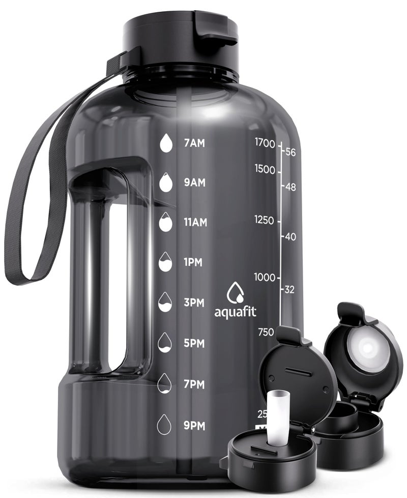 AQUAFIT 64 oz Water Bottle with Time Marker - Straw & Chug Lid - BPA Free Half Gallon Water Bottle  Big Water Bottle with Straw  Gym Water Bottle with Handle  Gallon Water Jug (Gray  64 Ounces) - Image 1