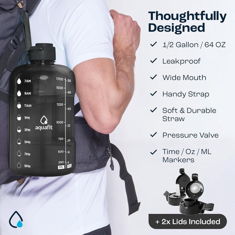 AQUAFIT 64 oz Water Bottle with Time Marker - Straw & Chug Lid - BPA Free Half Gallon Water Bottle  Big Water Bottle with Straw  Gym Water Bottle with Handle  Gallon Water Jug (Gray  64 Ounces) - Image 5