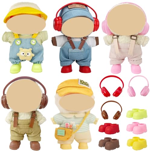 Ezcora 17cm Doll Clothes Overalls Outfit Set Include 5 Styles with Hats Headphones Shoes and Bag Cute Dress Up Accessories for Doll Play and Display No Dolls - Image 1