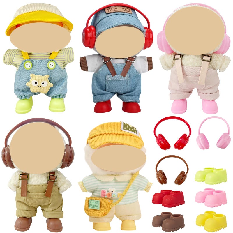 Ezcora 17cm Doll Clothes Overalls Outfit Set Include 5 Styles with Hats Headphones Shoes and Bag Cute Dress Up Accessories for Doll Play and Display No Dolls - Image 3