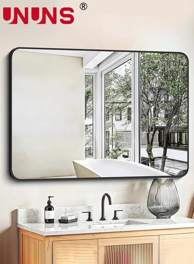 UNUNS Bathroom vanity mirror,70×90cm Black Metal Framed Bathroom Vanity Mirrors for Over Sink Wall,Large Rounded Rectangular Mirror for Bedroom Living Room, Entryway,Bathroom,Black - Image 1