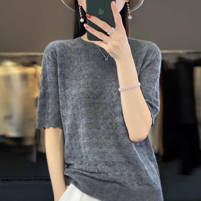 Z-Line Ready-To-Wear Fine Wool Short-Sleeve T-Shirt For Women, New Summer Style, Round Neck, Hollow-Out, Thin Top, Stylish Base Shirt - Image 1