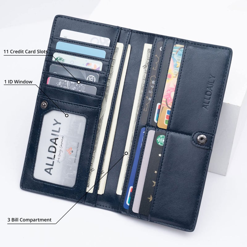 Alldaily Ultra Slim Thin Women Wallet RFID Blocking Credit Card Holder Bifold Long Ladies Billfold (Dark Blue) - Image 4