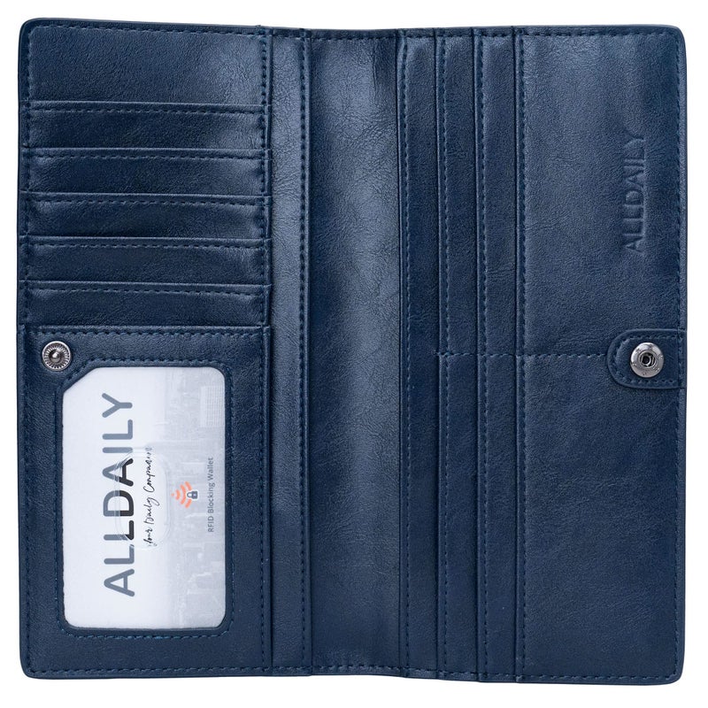 Alldaily Ultra Slim Thin Women Wallet RFID Blocking Credit Card Holder Bifold Long Ladies Billfold (Dark Blue) - Image 1