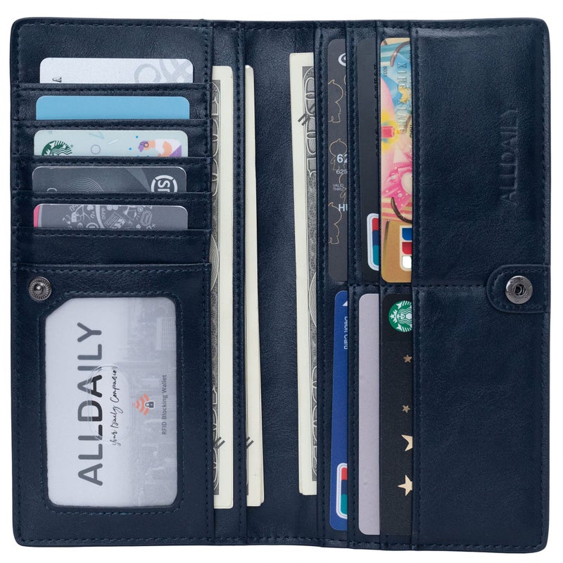 Alldaily Ultra Slim Thin Women Wallet RFID Blocking Credit Card Holder Bifold Long Ladies Billfold (Dark Blue) - Image 2