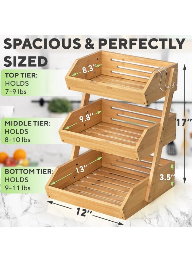 Meetion Bamboo Fruit Basket 3-Tier - Premium Produce Basket for Kitchen w/ 2 Hangers - Durable & Easy to Assemble Stand for Countertop - Perfect Holder for Vegetables, Bread, Snacks & More  - Image 5