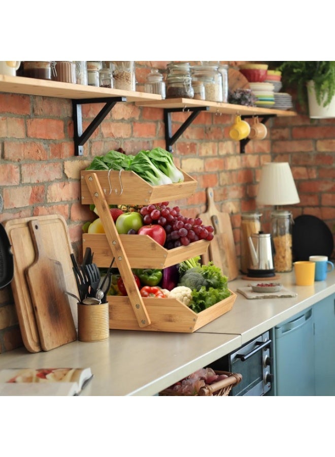 Meetion Bamboo Fruit Basket 3-Tier - Premium Produce Basket for Kitchen w/ 2 Hangers - Durable & Easy to Assemble Stand for Countertop - Perfect Holder for Vegetables, Bread, Snacks & More  - Image 3
