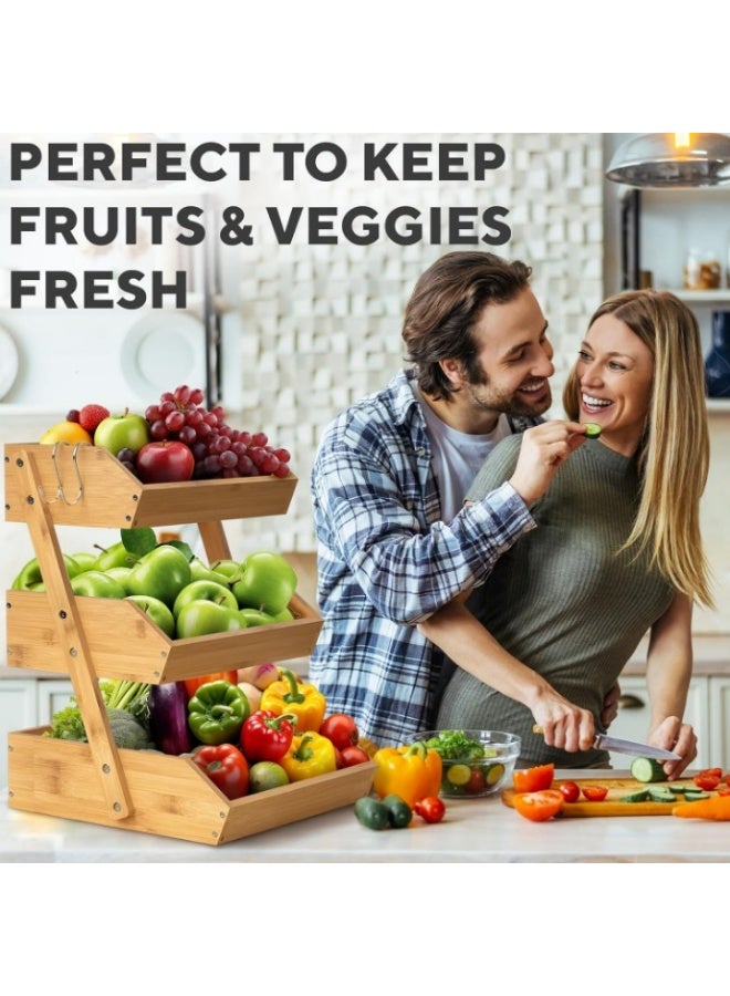 Meetion Bamboo Fruit Basket 3-Tier - Premium Produce Basket for Kitchen w/ 2 Hangers - Durable & Easy to Assemble Stand for Countertop - Perfect Holder for Vegetables, Bread, Snacks & More  - Image 2