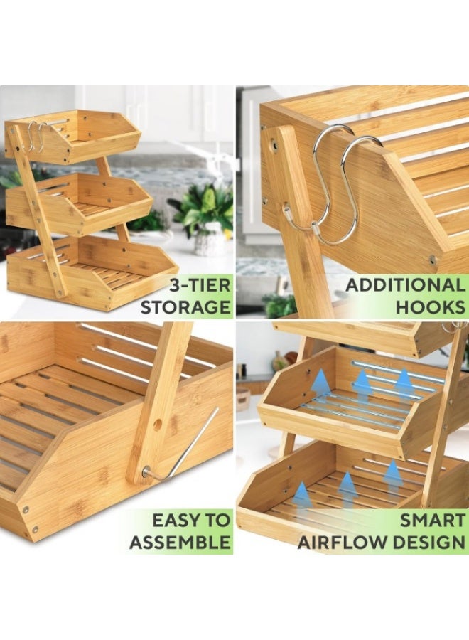 Meetion Bamboo Fruit Basket 3-Tier - Premium Produce Basket for Kitchen w/ 2 Hangers - Durable & Easy to Assemble Stand for Countertop - Perfect Holder for Vegetables, Bread, Snacks & More  - Image 4