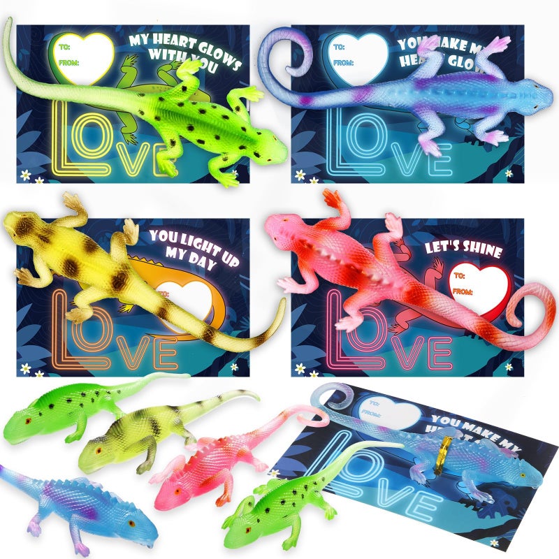 AuroTops Valentines Day Cards for Kids 24 Pack Glow in The Dark Lizards with Valentines Cards Stretch Toy for Valentine Party Favors for Boys  Girls Kids Exchange Valentines Gifts - Image 3