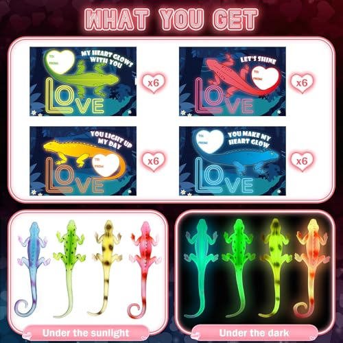 AuroTops Valentines Day Cards for Kids 24 Pack Glow in The Dark Lizards with Valentines Cards Stretch Toy for Valentine Party Favors for Boys  Girls Kids Exchange Valentines Gifts - Image 5