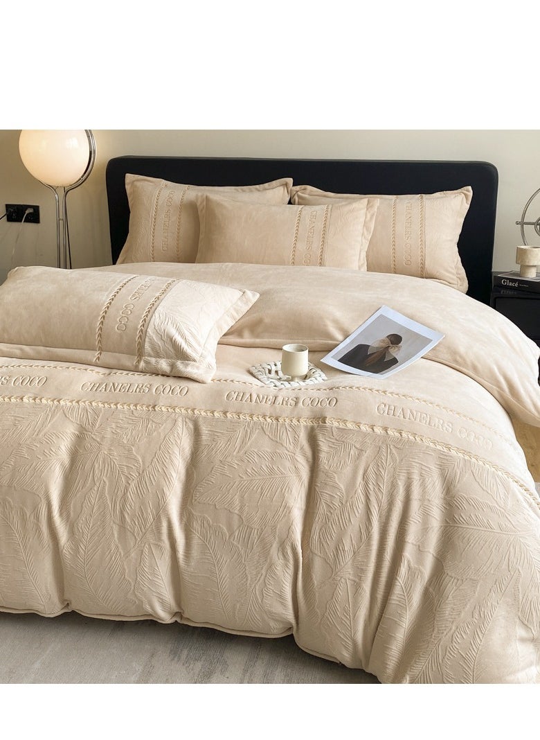 Generic Bed Sheet Style — Carved Velvet Cloth Embroidered Wide Edge Milk Velvet Four Piece Bedding Set  - Image 1