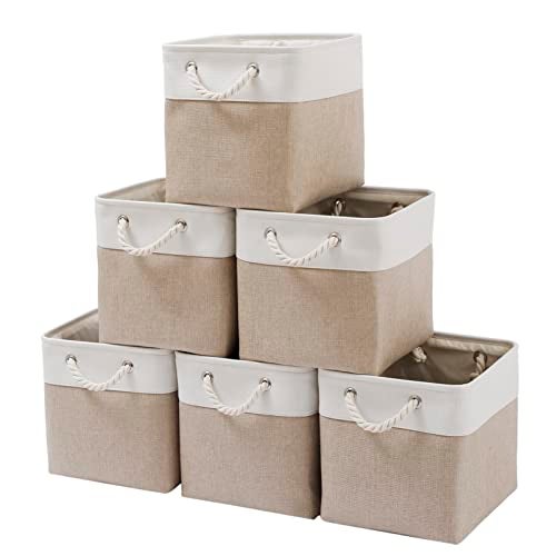 MidmmVick 11 x 11 Inch Cube Storage Bins, 6 Pack Large Collapsible Fabric Storage Bin with Ropes, Foldable Storage Cubes for Home, Office,Closet, Clothes, Toys Organizer (White & Beige-11"x11"x11") - Image 1