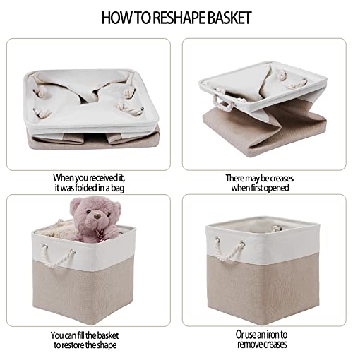 MidmmVick 11 x 11 Inch Cube Storage Bins, 6 Pack Large Collapsible Fabric Storage Bin with Ropes, Foldable Storage Cubes for Home, Office,Closet, Clothes, Toys Organizer (White & Beige-11"x11"x11") - Image 4