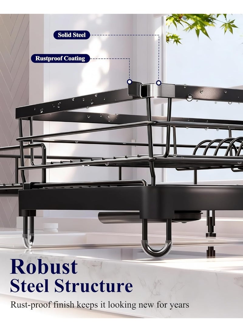 ZERIFAM Dish Drying Rack,Retractable Large-Capacity Double-Tier Drying Rack,Rust-Resistant Metal Dish Storage Rack,Includes a Cutlery Tray and Cup Holder,Easy to Install,Ideal as a Kitchen Countertop Storage Rack - Image 4