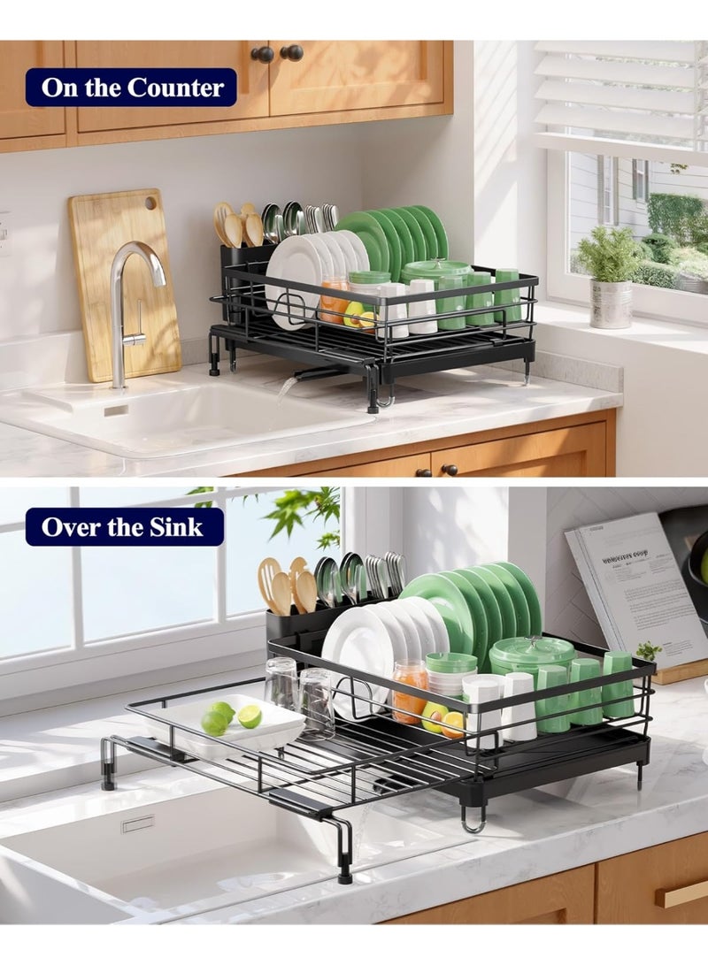 ZERIFAM Dish Drying Rack,Retractable Large-Capacity Double-Tier Drying Rack,Rust-Resistant Metal Dish Storage Rack,Includes a Cutlery Tray and Cup Holder,Easy to Install,Ideal as a Kitchen Countertop Storage Rack - Image 5