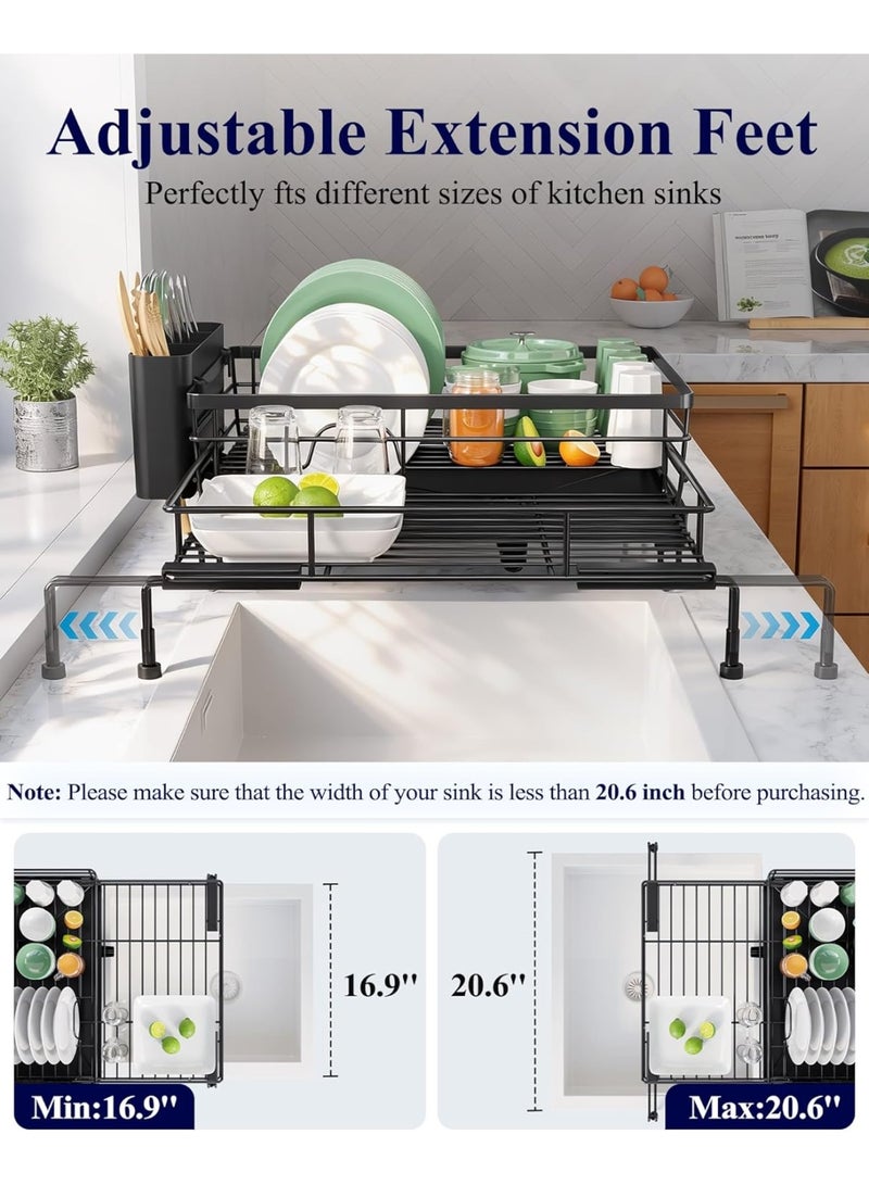 ZERIFAM Dish Drying Rack,Retractable Large-Capacity Double-Tier Drying Rack,Rust-Resistant Metal Dish Storage Rack,Includes a Cutlery Tray and Cup Holder,Easy to Install,Ideal as a Kitchen Countertop Storage Rack - Image 3
