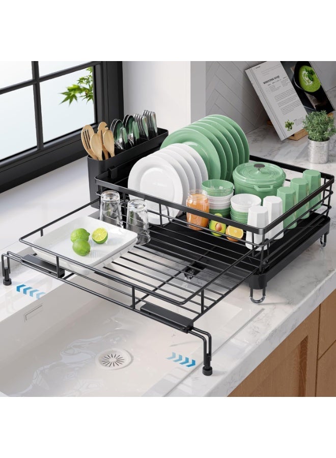 ZERIFAM Dish Drying Rack,Retractable Large-Capacity Double-Tier Drying Rack,Rust-Resistant Metal Dish Storage Rack,Includes a Cutlery Tray and Cup Holder,Easy to Install,Ideal as a Kitchen Countertop Storage Rack - Image 1