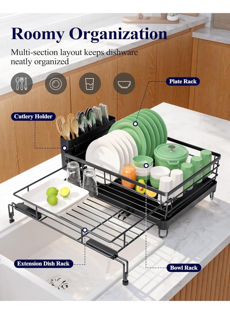 ZERIFAM Dish Drying Rack,Retractable Large-Capacity Double-Tier Drying Rack,Rust-Resistant Metal Dish Storage Rack,Includes a Cutlery Tray and Cup Holder,Easy to Install,Ideal as a Kitchen Countertop Storage Rack - Image 2