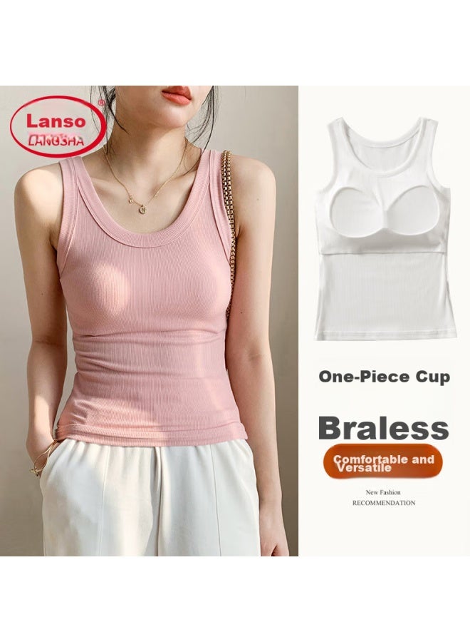 LANG SHA Langsha Camisole Tank Top For Women With Built-in Bra Pads, Wearable As Outerwear Or Inner Layer, Sports Ribbed Undershirt, White, L - Image 3